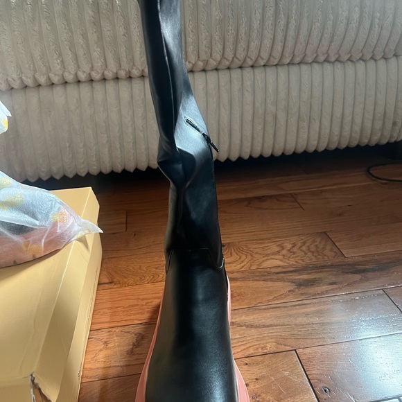 Black chunky Knee high boots with pink bottoms - Picture 7 of 7